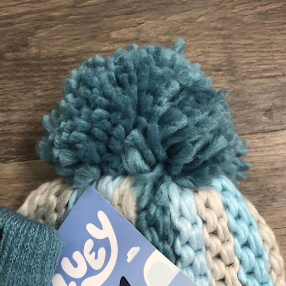 New Disney Bluey Knit Beanie & Mittens Set Toddler 2T-5T Boy Girl Pom Pom Blue - Picture 5 of 8